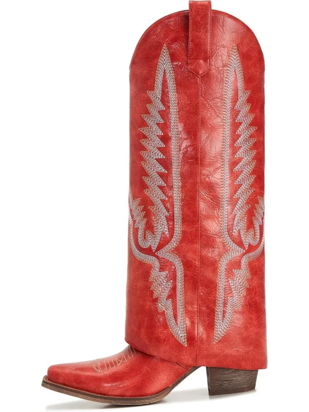 Women's Red Pointy Pull-on Side Zipper Padlock Fold Over Knee High Boot